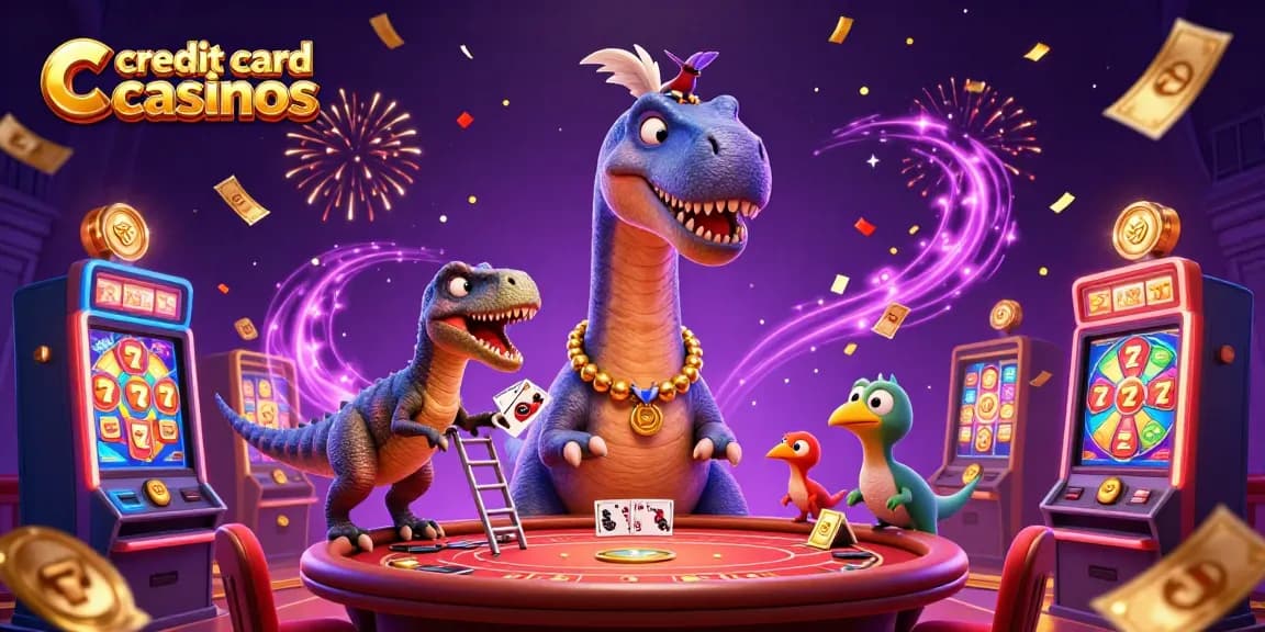 Experience the excitement at credit card casinos with a fun 3D dinosaur-themed casino scene.