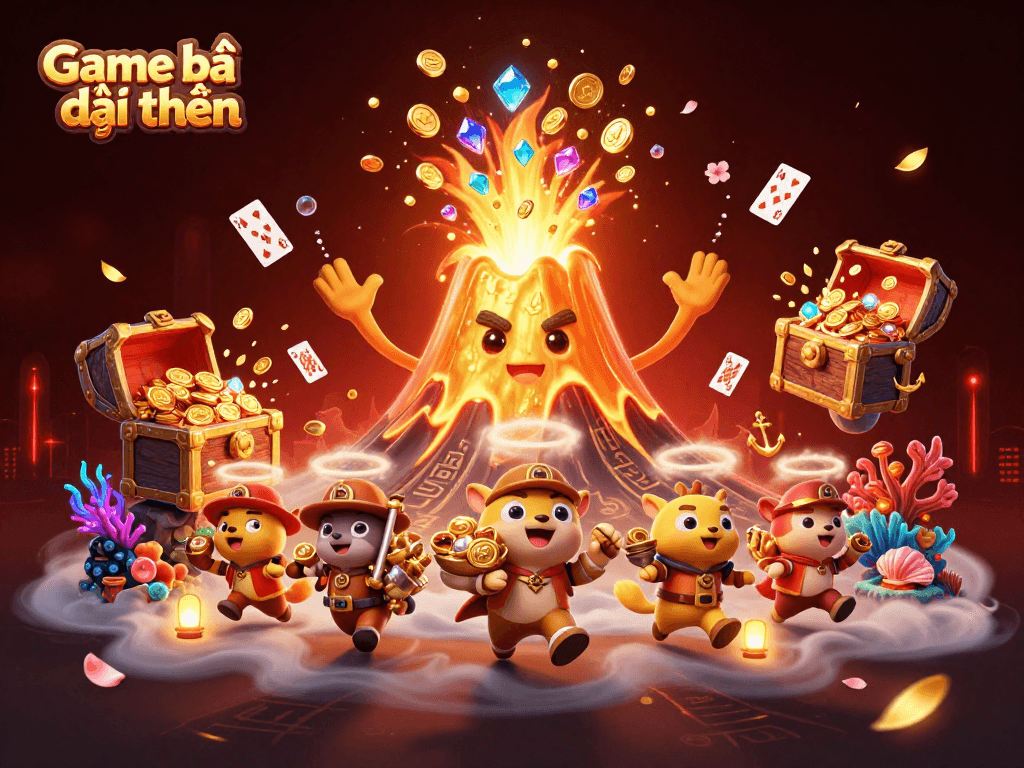 Engage in Game bài đổi thưởng with a vibrant scene full of treasures, vivid characters, and exciting casino elements.