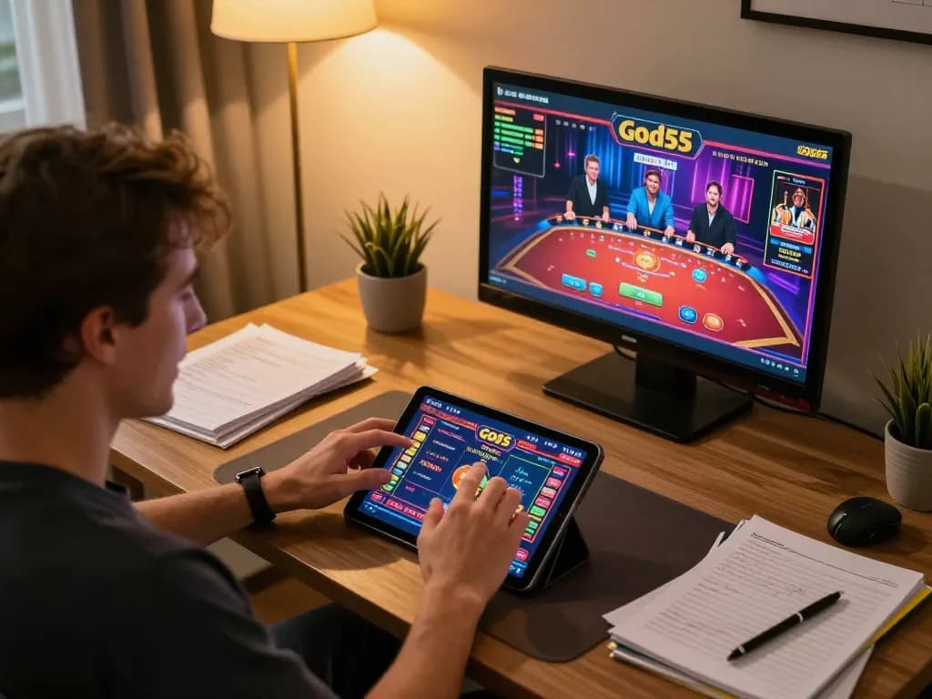 Player engaging in exciting game at god55 casino on tablet, showcasing vibrant online gambling experience.