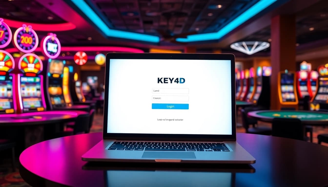 Masukkan KEY4D LOGIN di layar laptop dalam suasana kasino yang dinamis.