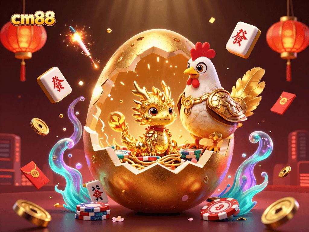 Win exciting rewards with cm88 in a vibrant golden dragon-themed casino illustration.