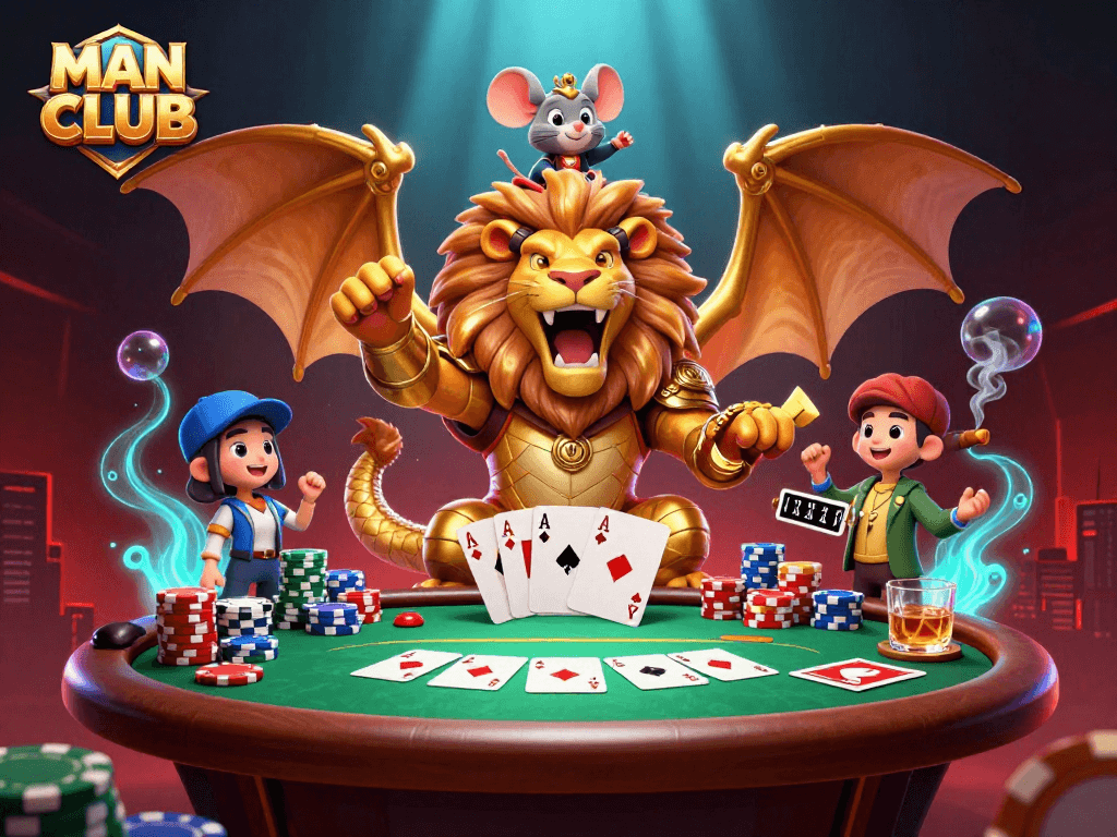 MAN CLUB showcases a triumphant chimera in golden armor at a vibrant poker table with dynamic game elements.