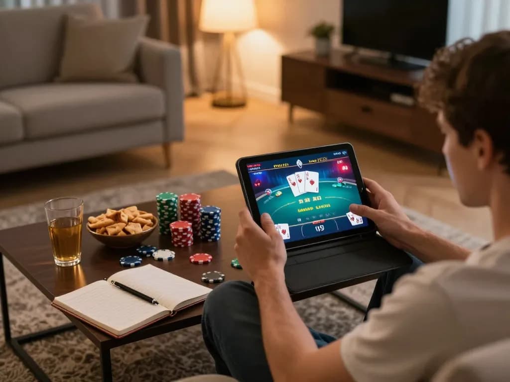 Enjoying online poker at home with casino fly88 on a tablet, showcasing a cozy gaming atmosphere.