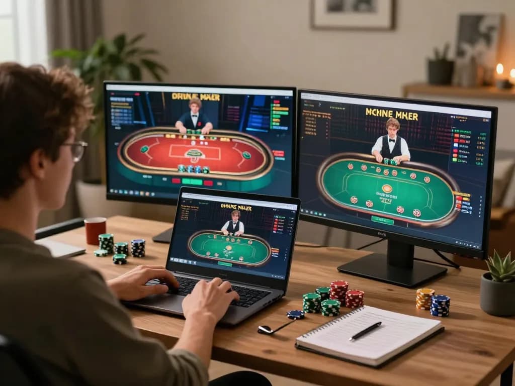 Engage in online poker at a high-end setup featuring 79 king gameplay and strategic notes.