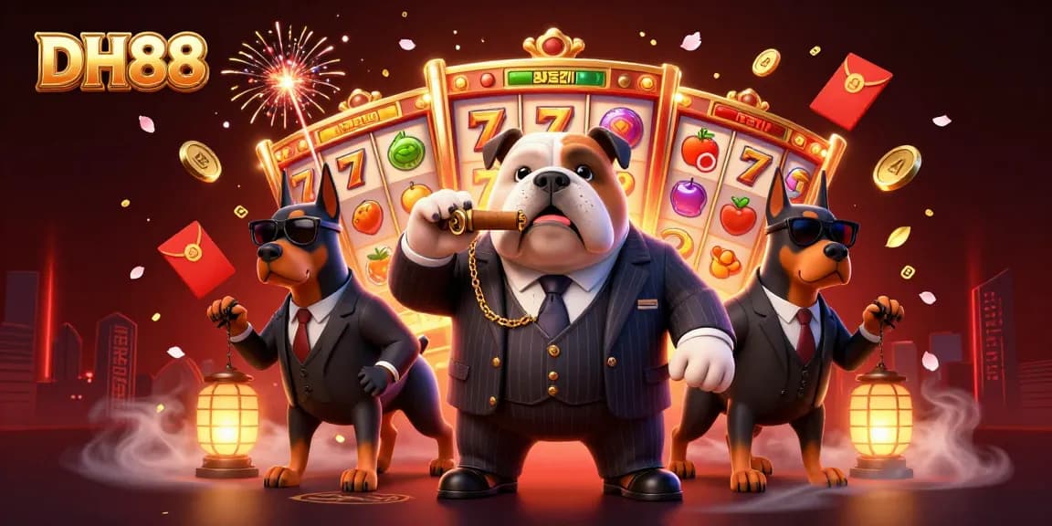 Win big at DH88 with the exciting energy of slots and festive symbols surrounding a mafia bulldog.