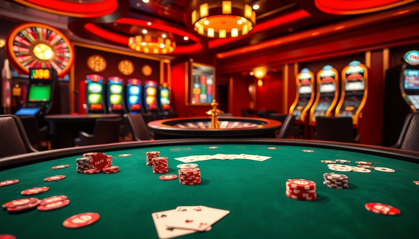 Engaging U88 casino scene featuring poker chips, cards, and a roulette wheel.