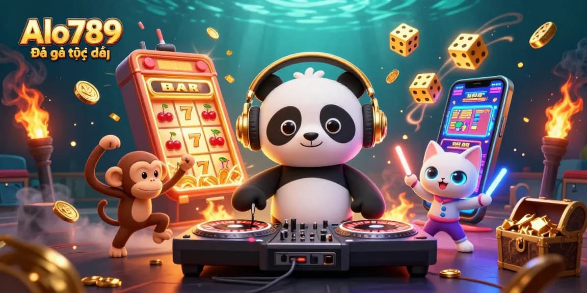 Alo789 Đá gà trực tiếp shows a dynamic illustration with a DJ panda and neon elements celebrating live cockfighting events.