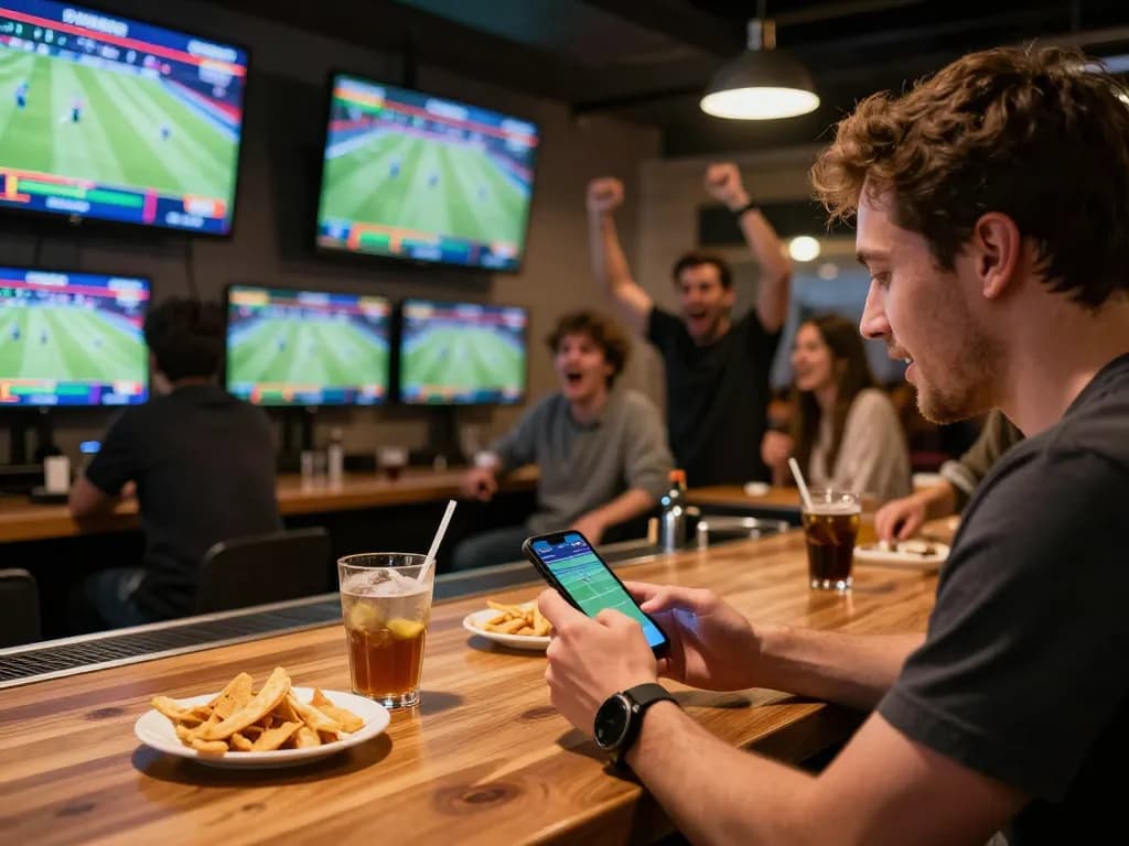 Experience thrilling live betting action with F8BET in a lively sports bar atmosphere.
