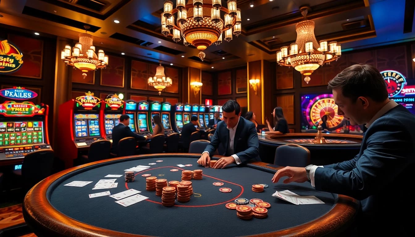 Experience the excitement of gambling at https://new88.help/ with vibrant casino visuals showcasing poker tables and slot machines.
