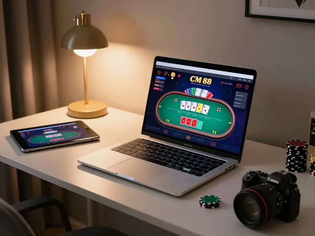 Player engaging with CM 88 online casino from a cozy home gaming setup, showcasing cards and chips.
