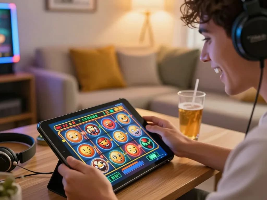 Player enjoying slot action on tablet in a cozy home environment