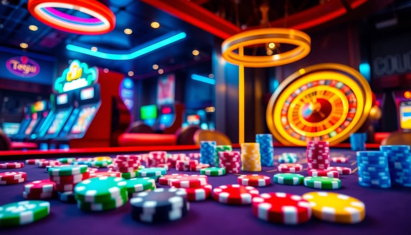 Engage in thrilling casino action at tg88pro.com with colorful chips, dice, and a vibrant roulette wheel.