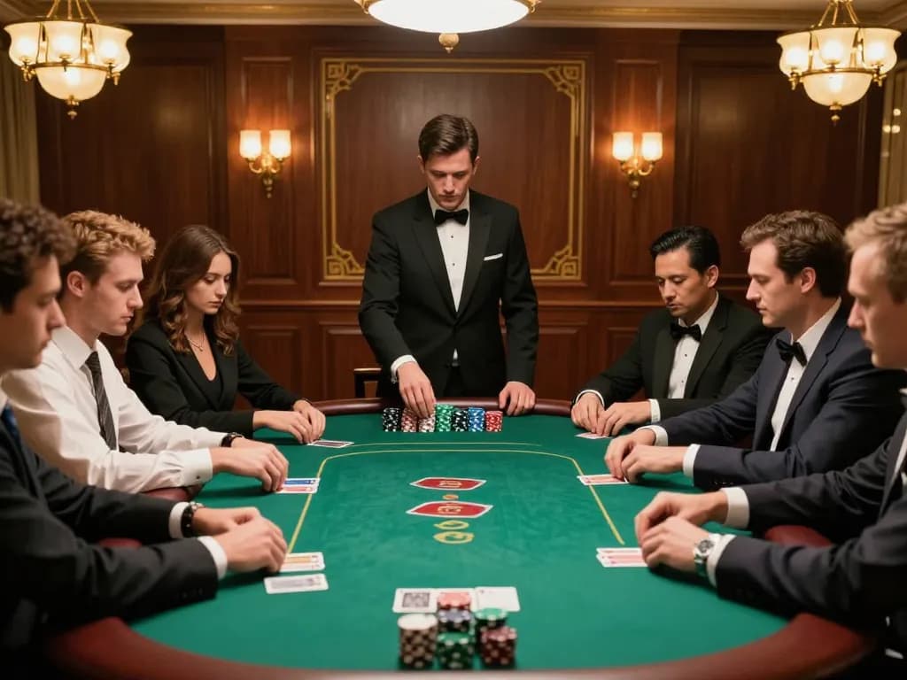 Players engage in a high-stakes poker game at an upscale casino, highlighting VA88 as they strategize.
