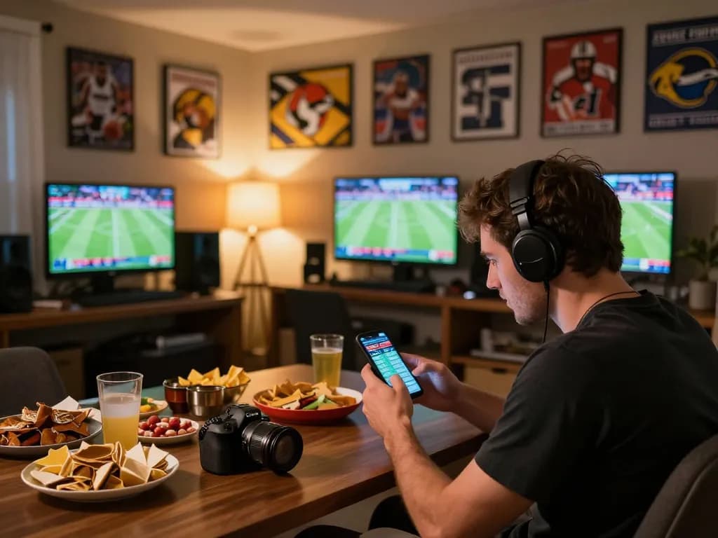 Excited fan using CAKHIATV for live sports betting while watching the game on multiple screens.