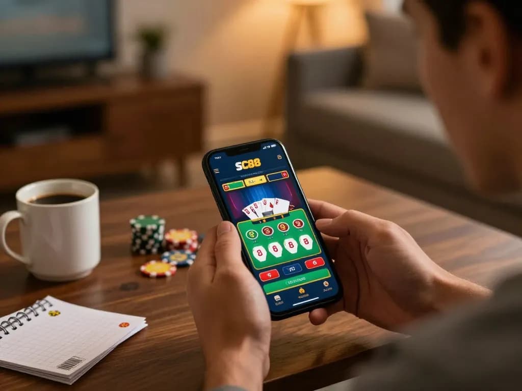 Player using the SC88 mobile app to place bets on poker from their cozy living room.