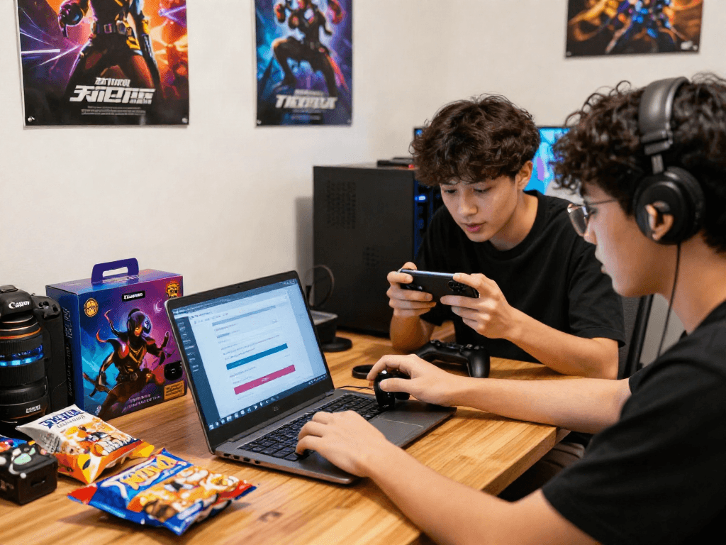 Individuals enjoying the rokok88 daftar registration process for an online gaming platform with devices and gaming merchandise.
