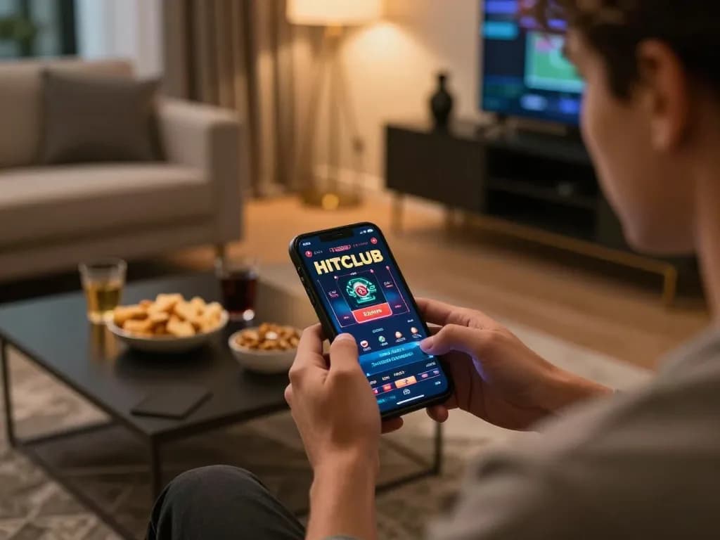 Engaging gameplay of game casino HITCLUB on a mobile device in a cozy living room.