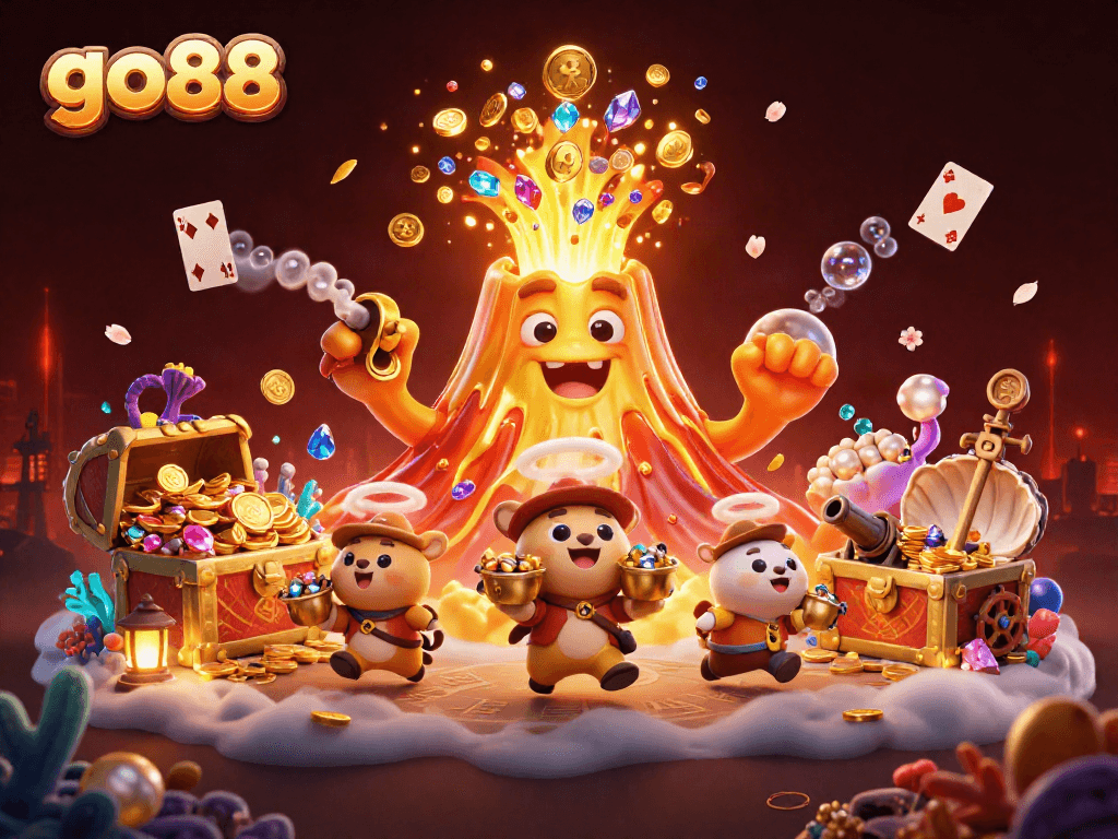 Engage with go88's thrilling gaming landscape featuring a golden volcano erupting treasures.