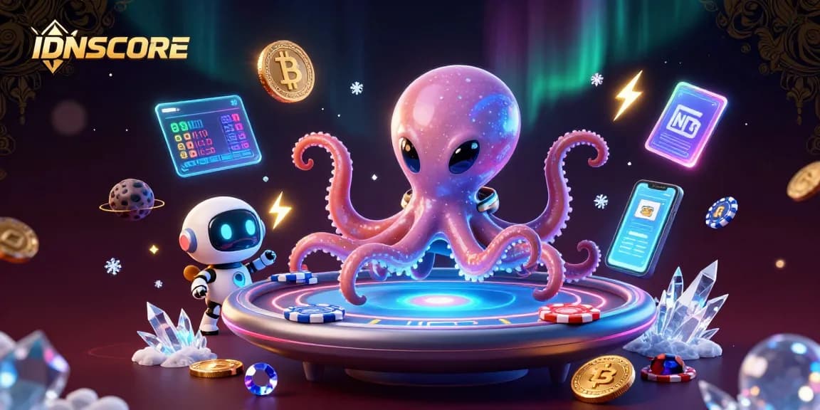 IDNSCORE showcases a cosmic poker battle featuring a playful alien octopus and crypto coins.