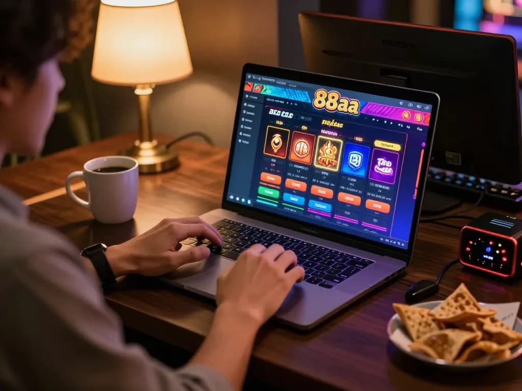 Person playing on the nhà cái 88aa online casino, highlighting a stylish gaming setup and engaging atmosphere