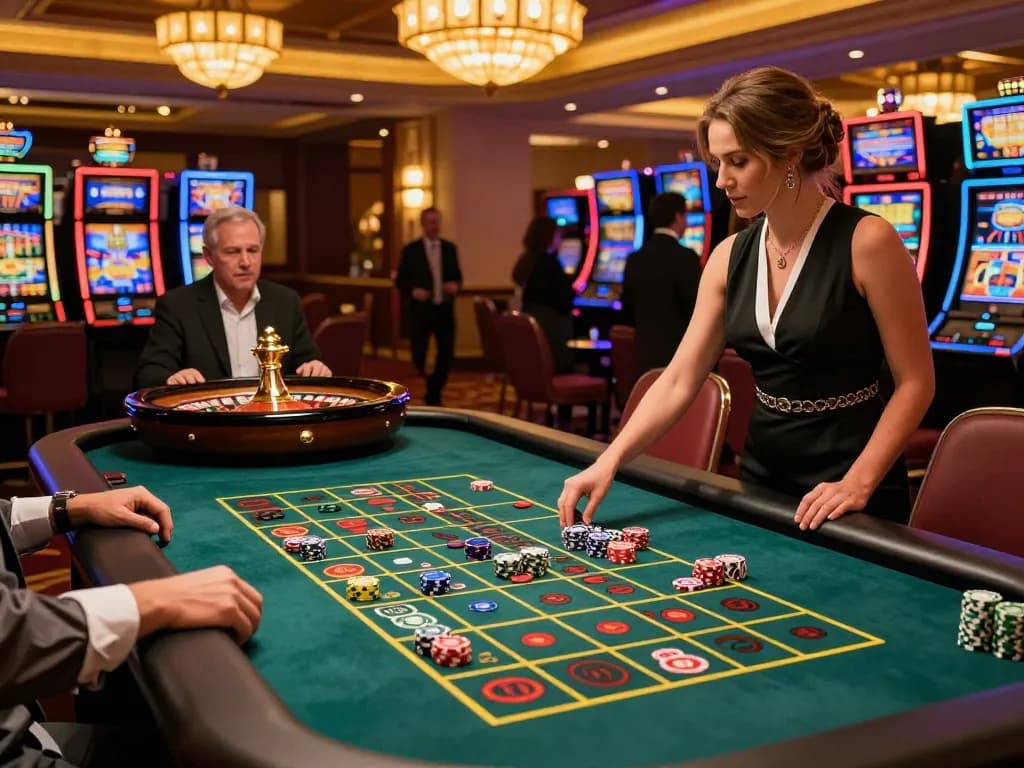 Pemain terlibat dalam paris888 daftar sambil bertaruh di meja roulette yang meriah di kasino kelas atas.