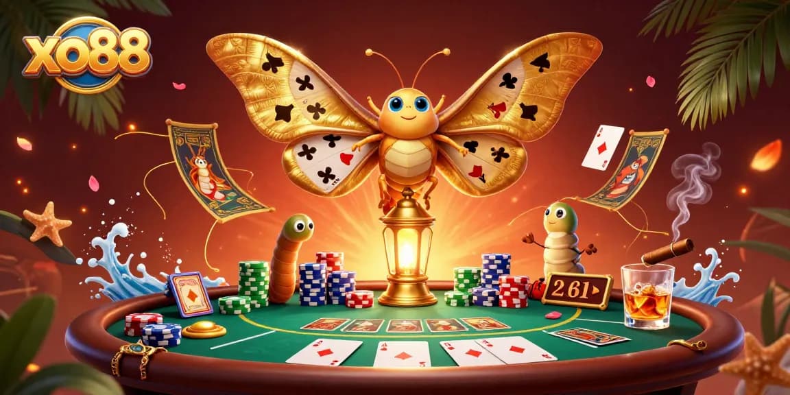 Engage with the vibrant world of xo88 as the 3D atlas moth circulates poker chips and cards.