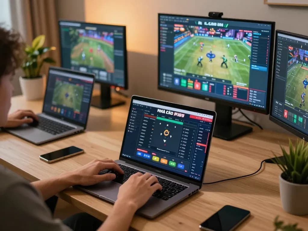 Engaged player using NHÀ CÁI F168 for online sports betting, showcasing dynamic betting options on a laptop.