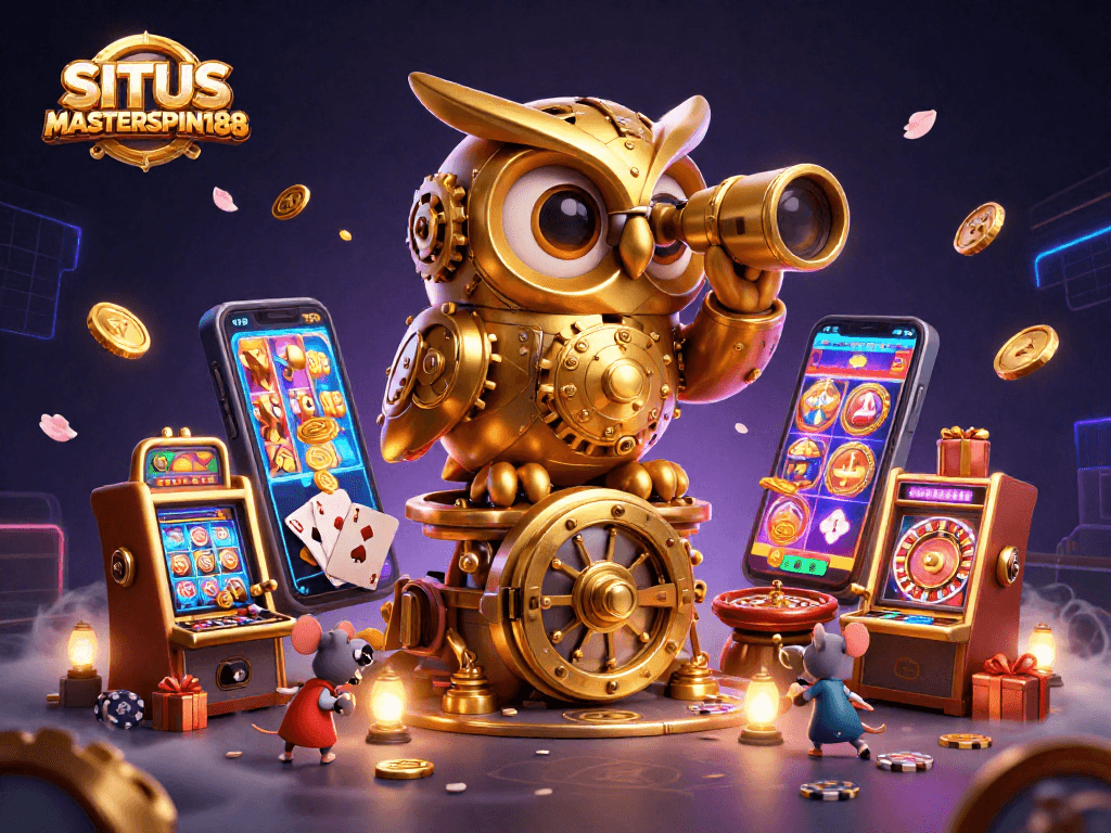 Experience the thrill of SITUS MASTERSPIN188 with a dazzling 3D casino scene featuring whimsical characters.