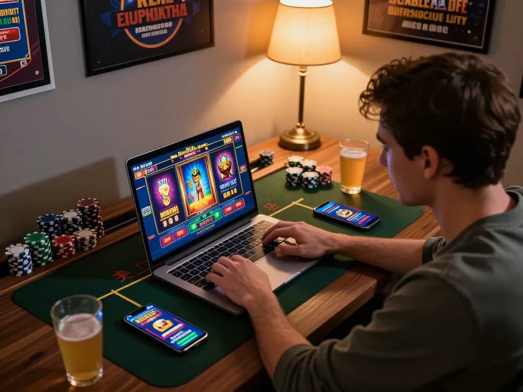 Experience壹發娛樂 online gaming with an engaging setup featuring a laptop and slots interface.