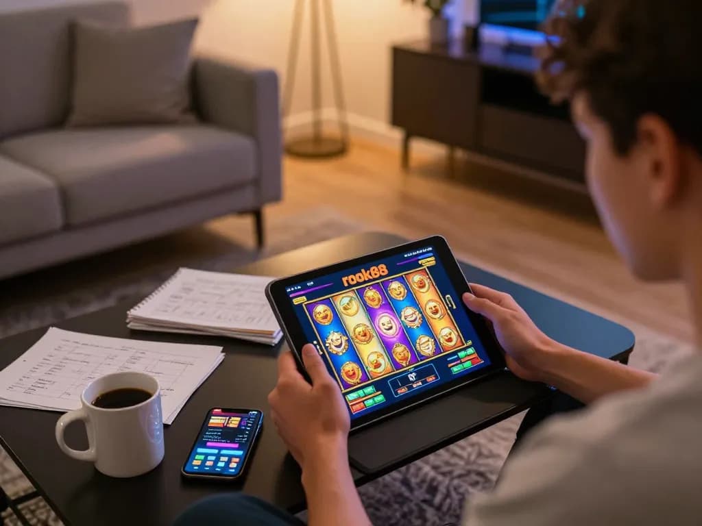 A player enjoying rokok88 slot on a tablet in a cozy home setting, with warm lighting and strategy notes around.