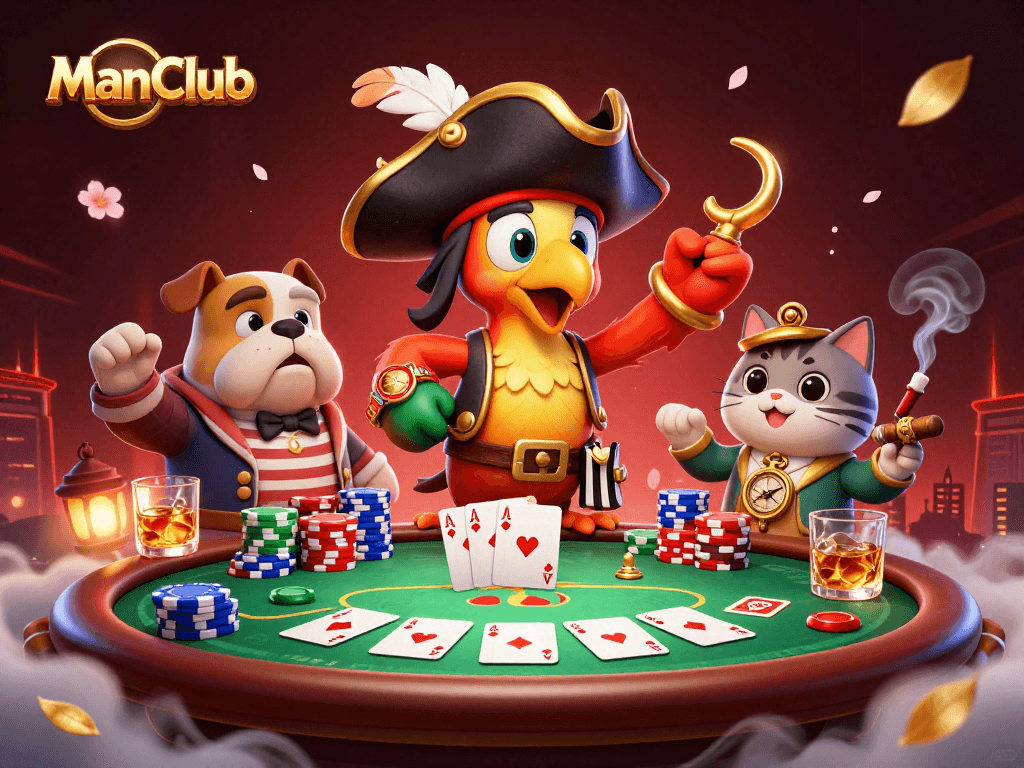 Experience thrilling poker action with ManClub's unique characters in a vibrant casino scene.