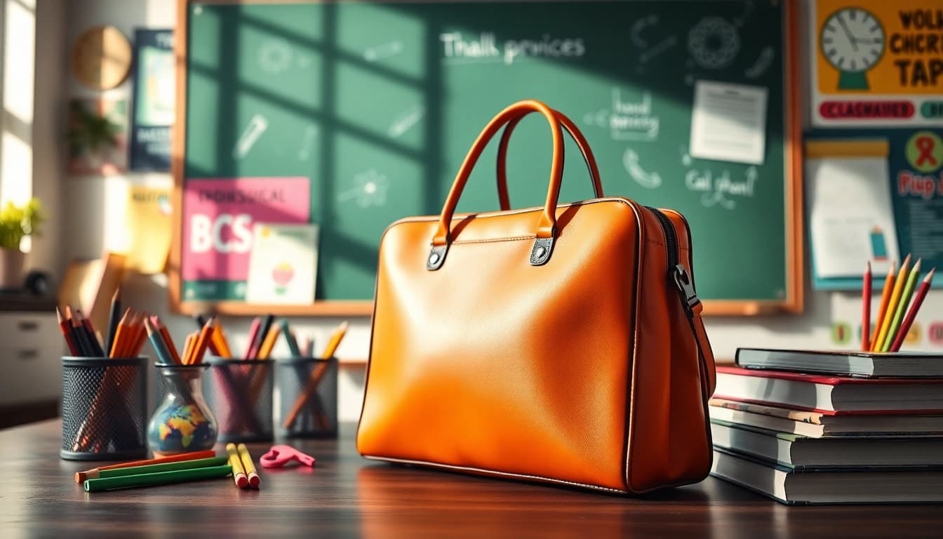 Entdecken Sie die Handytasche Klassenzimmer, elegant präsentiert mit Schulbedarf im Hintergrund.