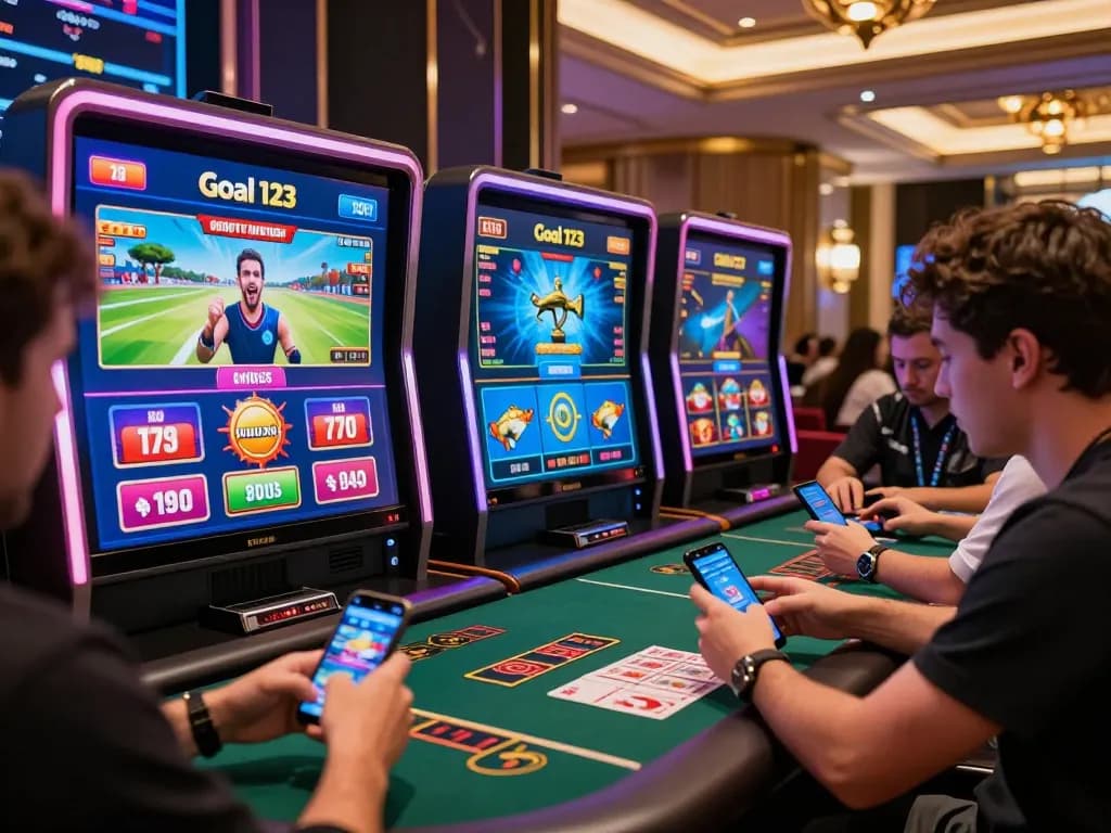 Goal 123 online gambling platform showcasing diverse games and excited players in a vibrant, modern setting.