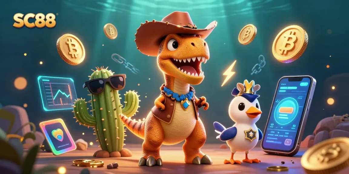 Join the excitement of SC88 with a dynamic 3D illustration featuring a cowboy T-Rex in a vibrant casino scene.