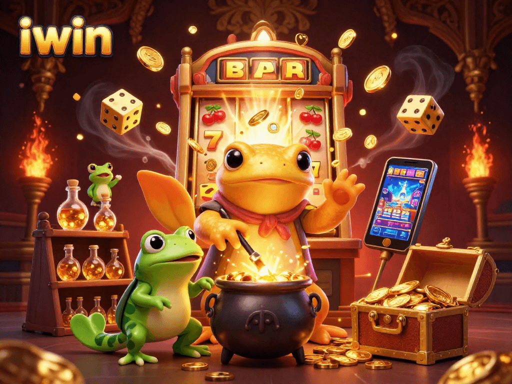 iwin showcases a magical scene with a golden salamander alchemist and a vibrant slot machine jackpot.