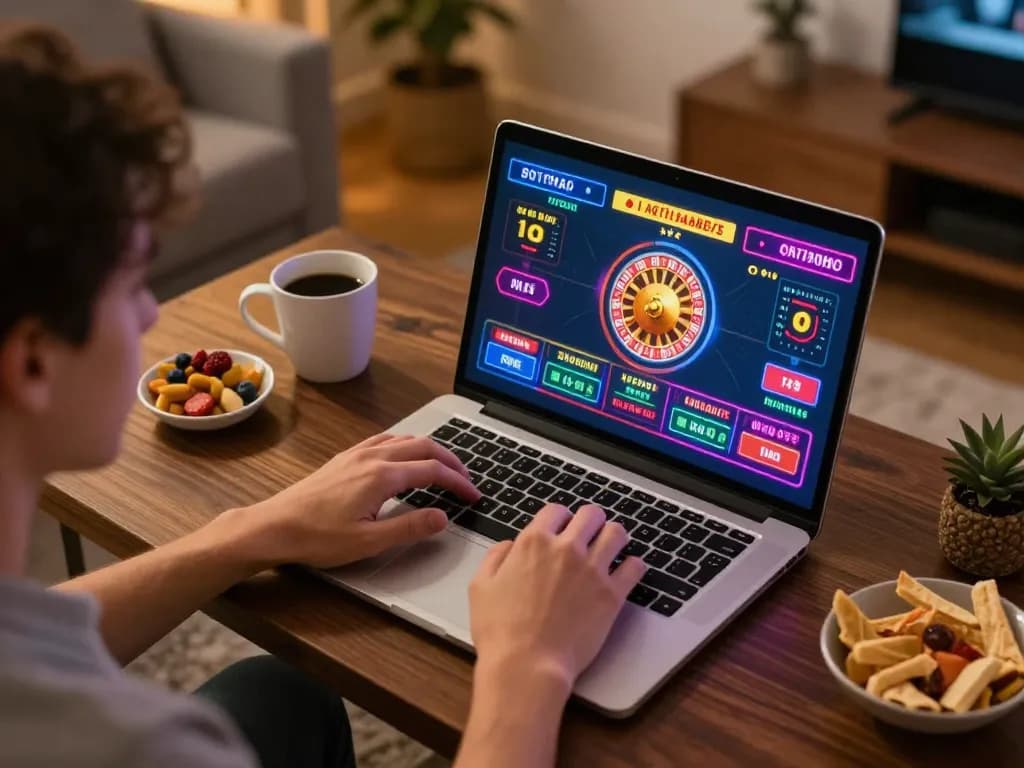 Player using laptop for online casino gaming on nohu78, showcasing live roulette action on screen.