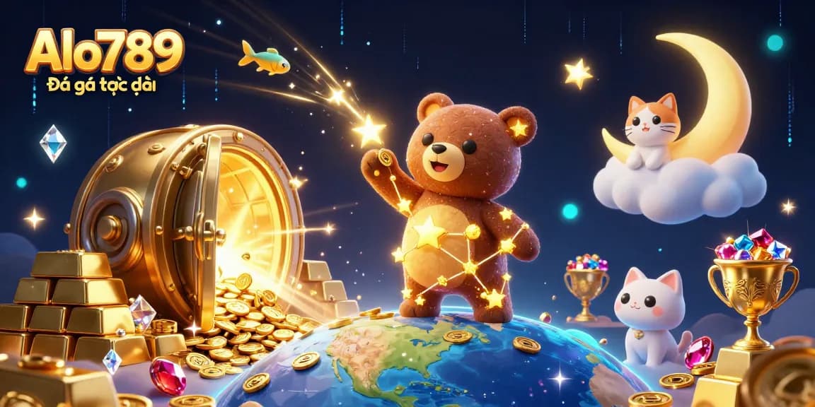 Alo789 Đá gà trực tiếp showcases an enchanting 3D illustrated scene of online betting excitement with golden treasures.
