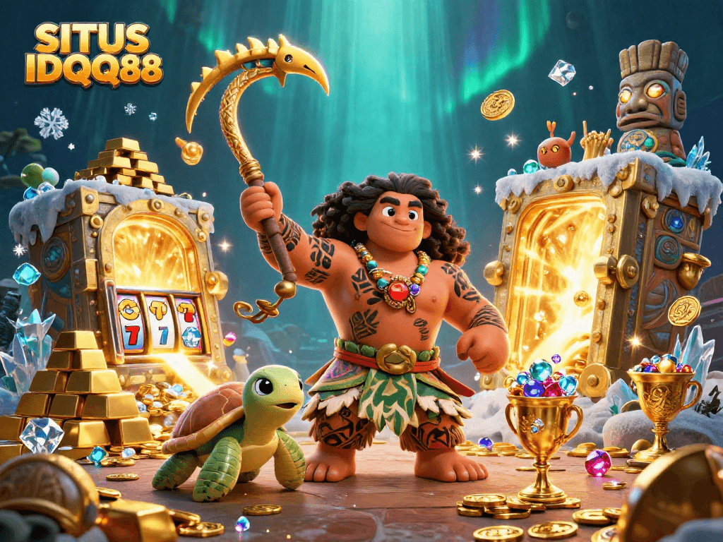 SITUS IDQQ88 gaming scene showcases a vibrant 3D illustration with Polynesian characters and slot elements.