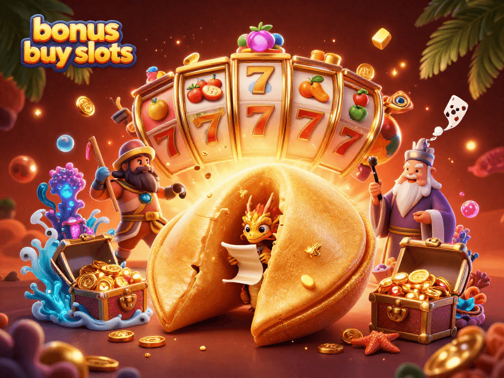 Engage in thrilling bonus buy slots with a vibrant fantasy scene featuring slot reels, a wise dragon, and golden treasures.