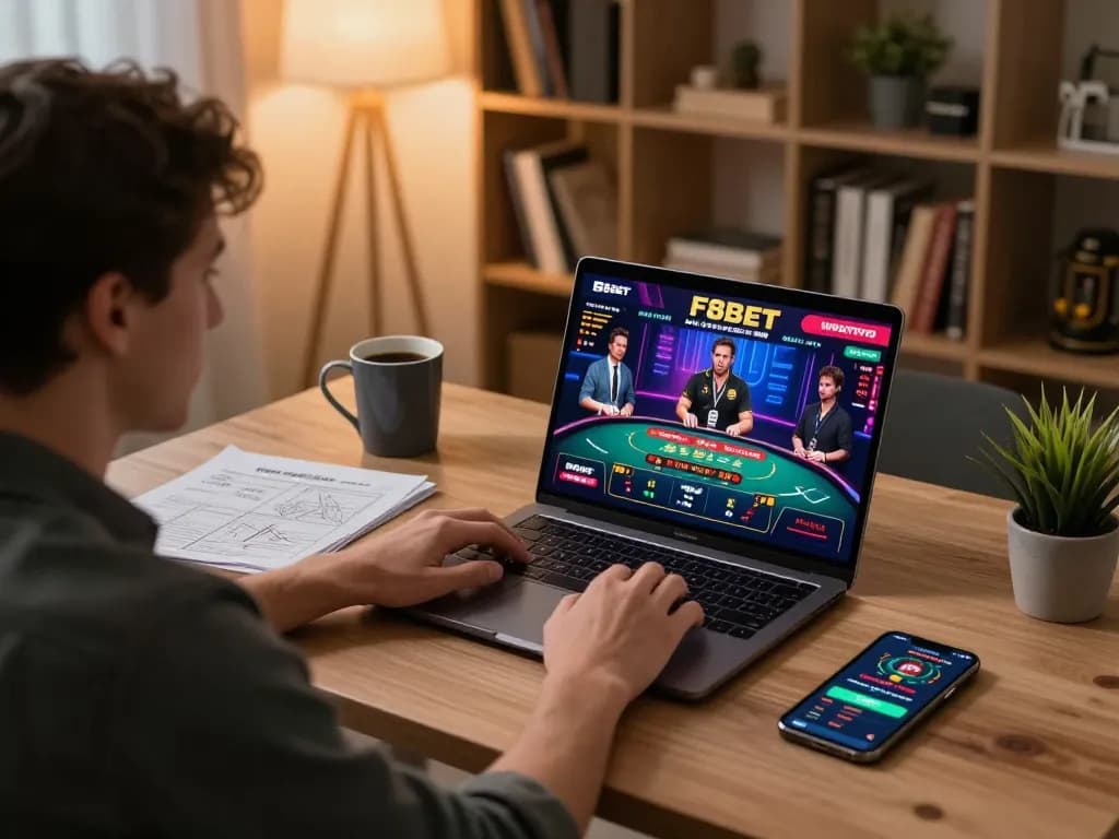 Person actively playing F8BET live casino games on a laptop, showcasing a vibrant gaming experience.