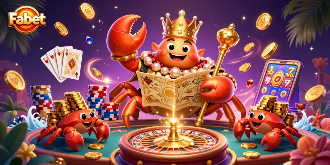 Experience Fabet's exciting gambling scene featuring a golden crab emperor amidst dazzling casino elements and rich treasures.