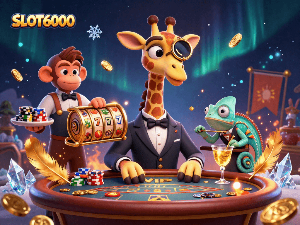 Experience excitement at SLOT6000 with a thrilling scene of a high-roller giraffe and characters in vibrant casino action.