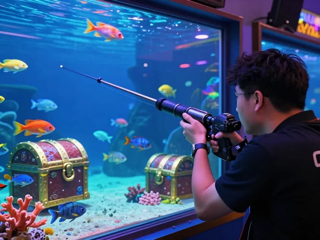 Bắn cá hubet88 immersive gaming scene with vibrant underwater graphics and player aiming at colorful fish.