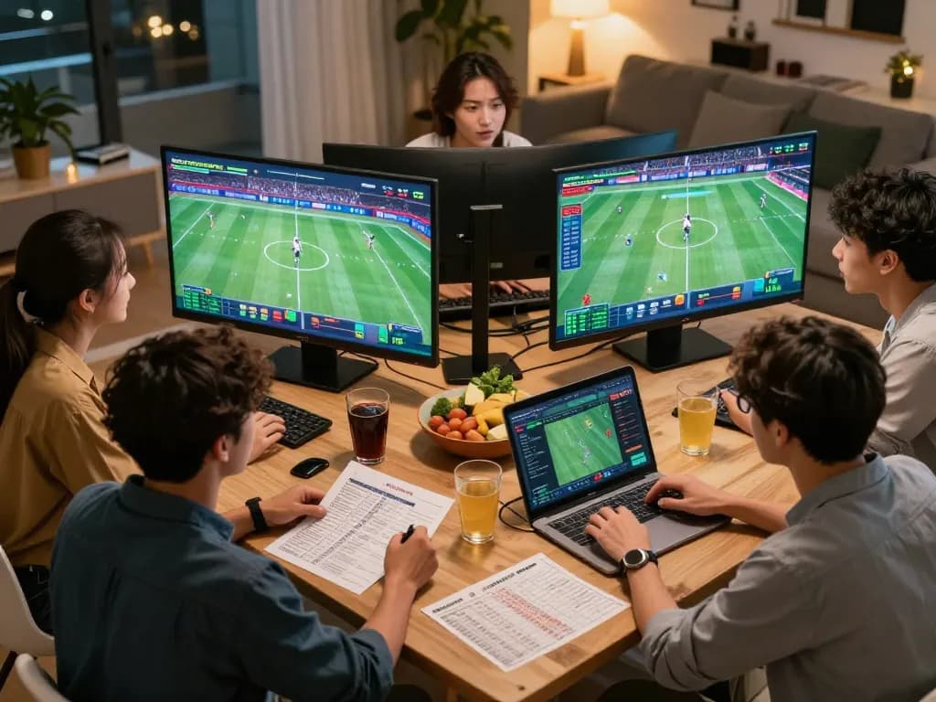 Kết quả bóng đá displayed on screens during an exciting home sports betting session with friends.