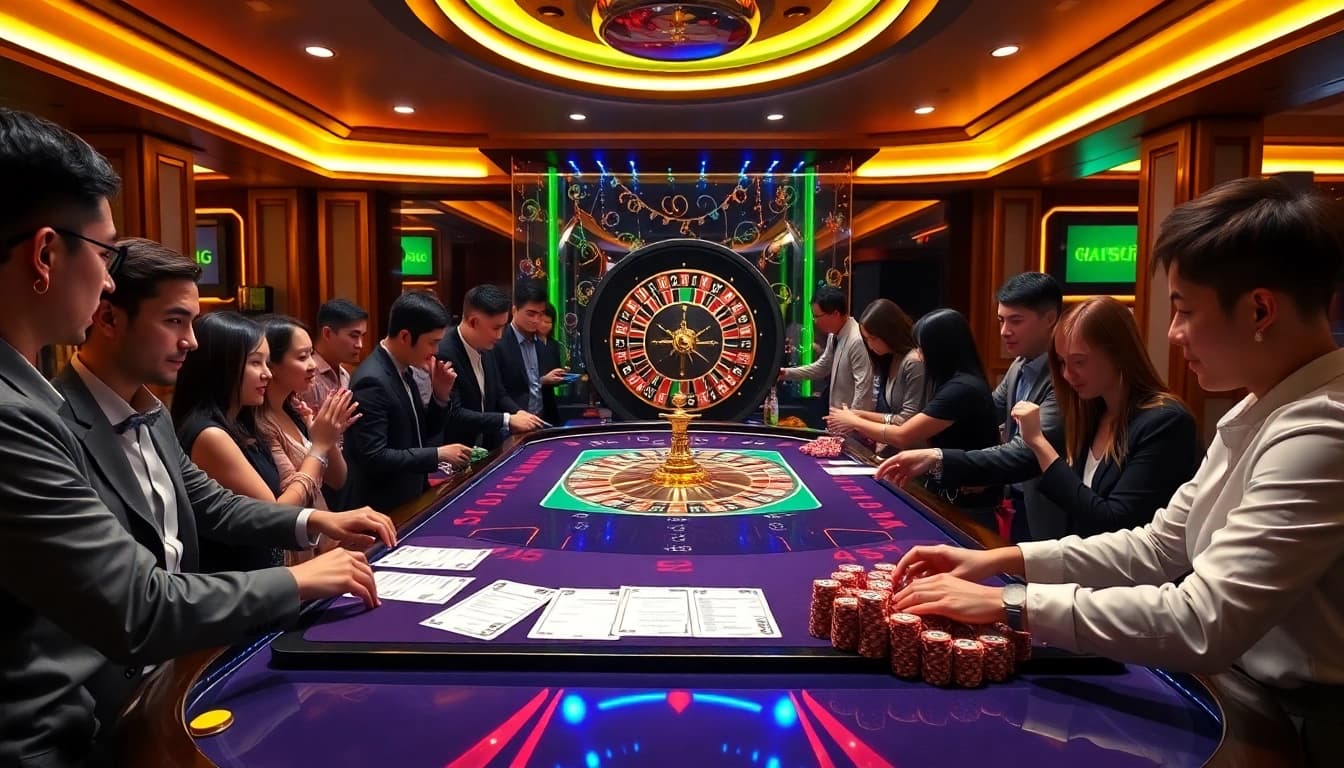 Gambler placing bets at Kèo nhà cái 5 chuẩn betting table in a vibrant casino.