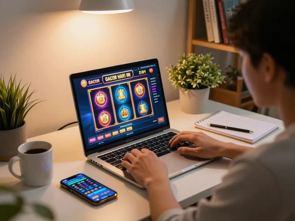 Experience slot gacor hari ini with players enjoying vibrant online gaming setups and strategic gameplay.