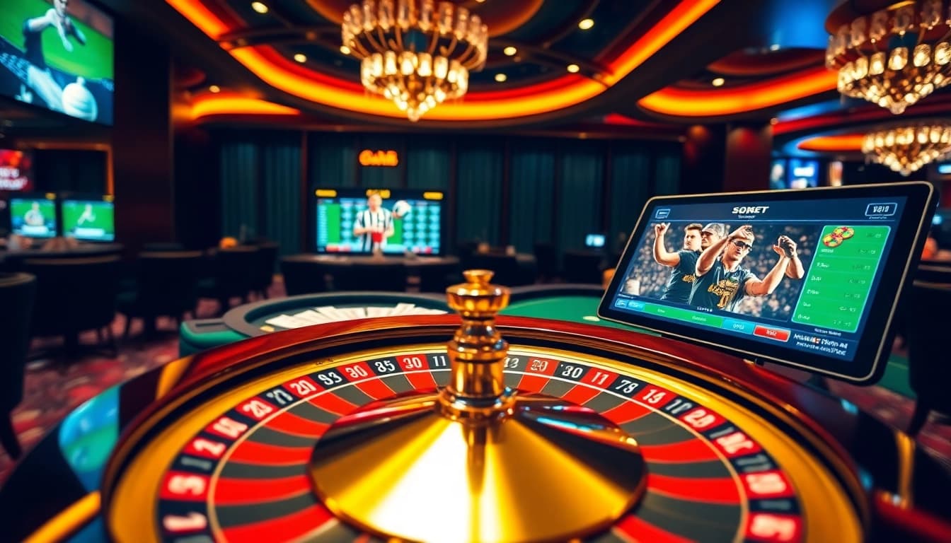 Engaging users with sbobet link alternatif at a vibrant online gambling table featuring poker chips and roulette wheel.