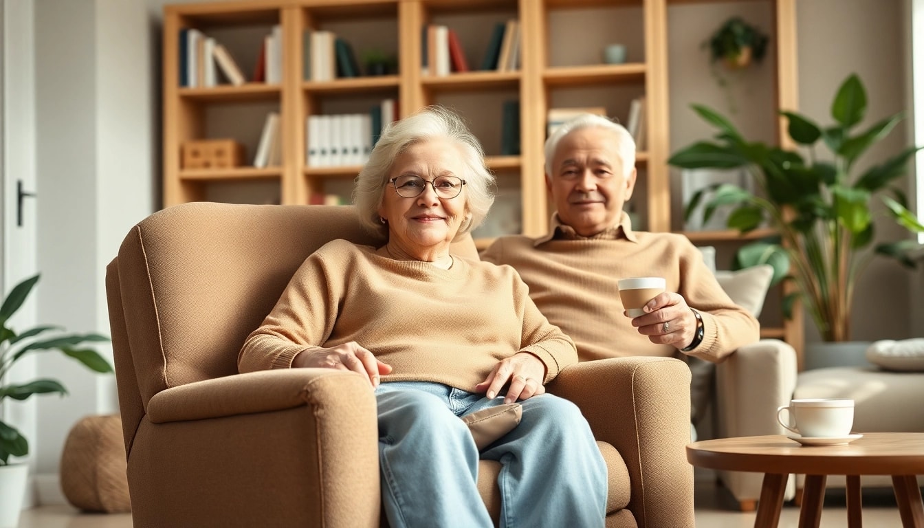 Comfortable elderly couple enjoying their modern power lift chair in a cozy living room.