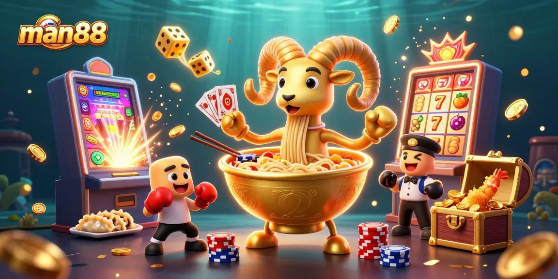 Join the excitement with man88's vibrant casino scene featuring a ramen bowl dealer and rich game elements.