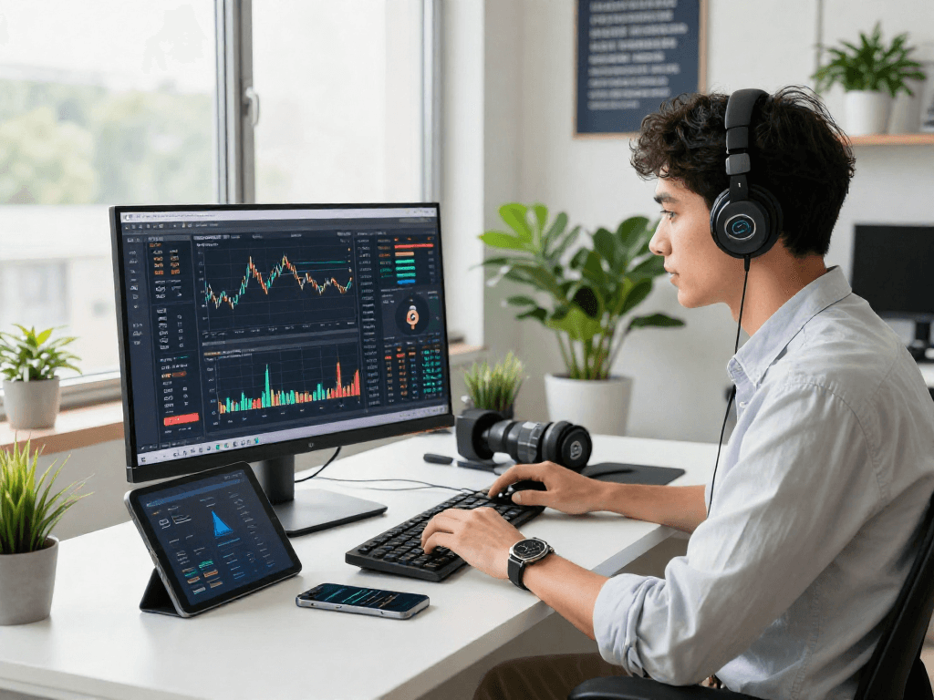 Youthful professional analyzing debet cryptocurrency trends in a bright fintech workspace.